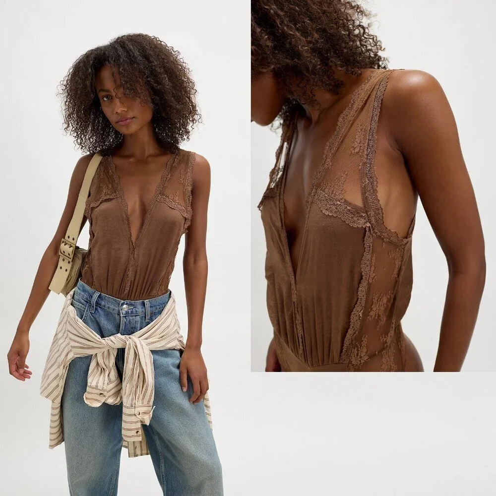 NWT New Free People Tell Me More Toffee Brown Bodysuit Size M